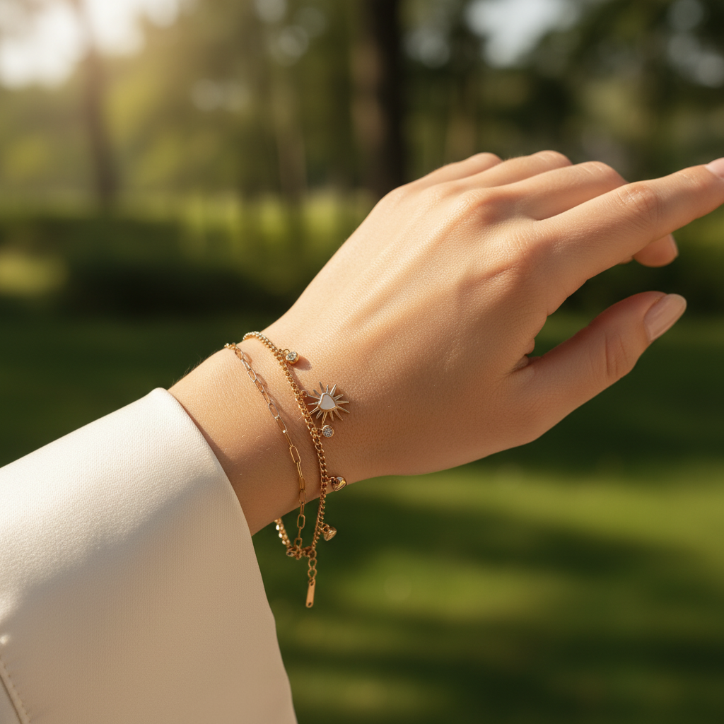 Ekrowl Eternal-Sun: 18K Gold Anti-Tarnish Layered Charm Design Bracelet