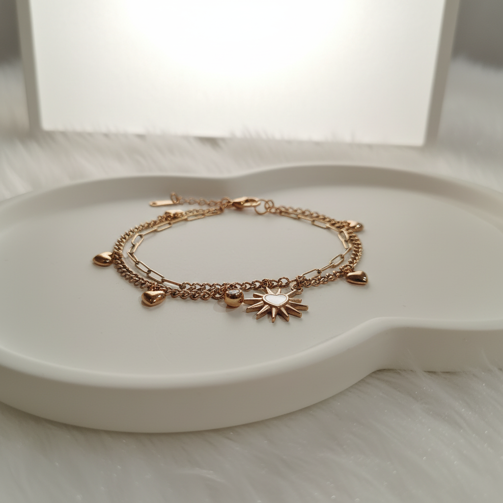 Ekrowl Eternal-Sun: 18K Gold Anti-Tarnish Layered Charm Design Bracelet