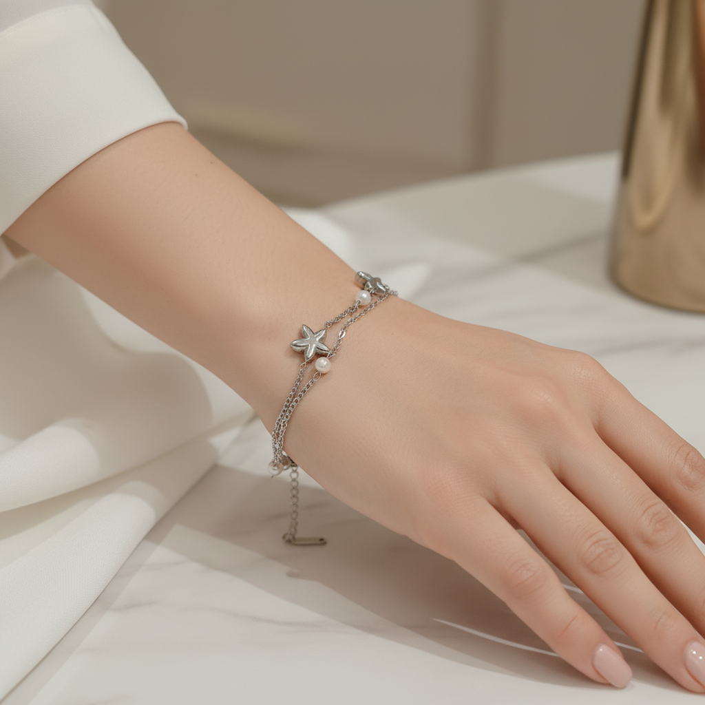 Ekrowl Astral-Silver: Rhodium-Plated Star & Pearl Dual-Strand Bracelet