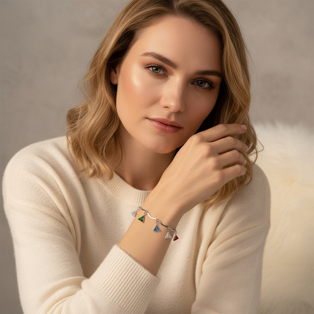 Ekrowl Prism-Triangle: Rhodium-Plated Multicolor Crystal Charm Bracelet