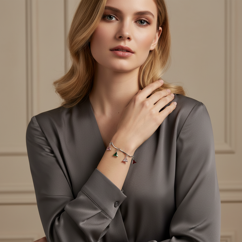 Ekrowl Prism-Triangle: Rhodium-Plated Multicolor Crystal Charm Bracelet