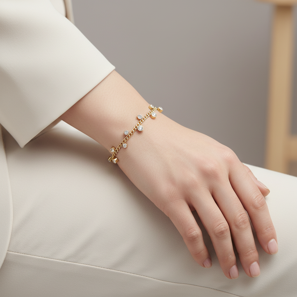 Ekrowl Stellar-Curb: 18K Gold-Plated Crystal Charm Link Bracelet