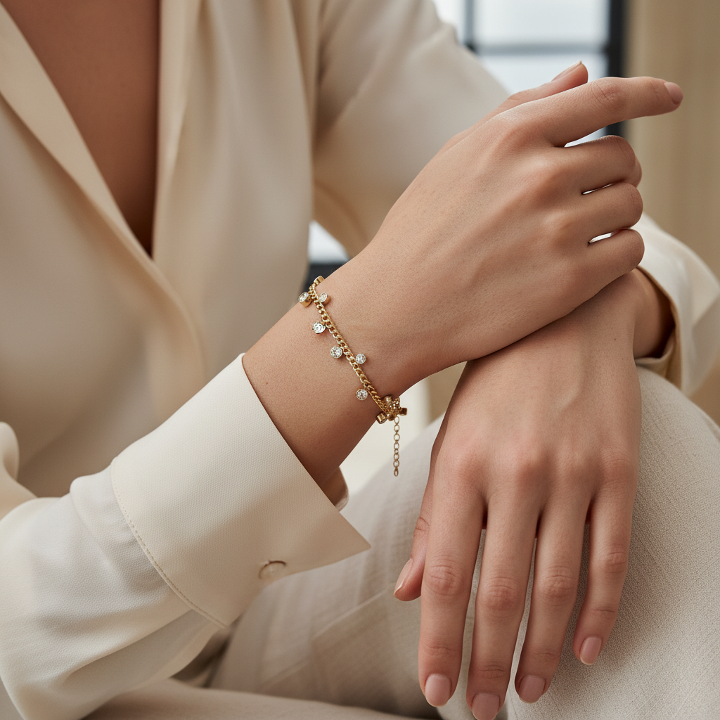 Ekrowl Stellar-Curb: 18K Gold-Plated Crystal Charm Link Bracelet