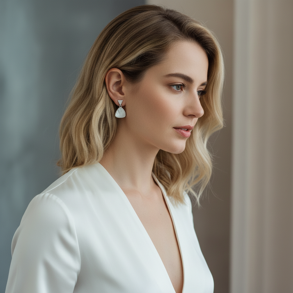 Silver Crystal Triangle & Cat’s Eye Drop Earrings