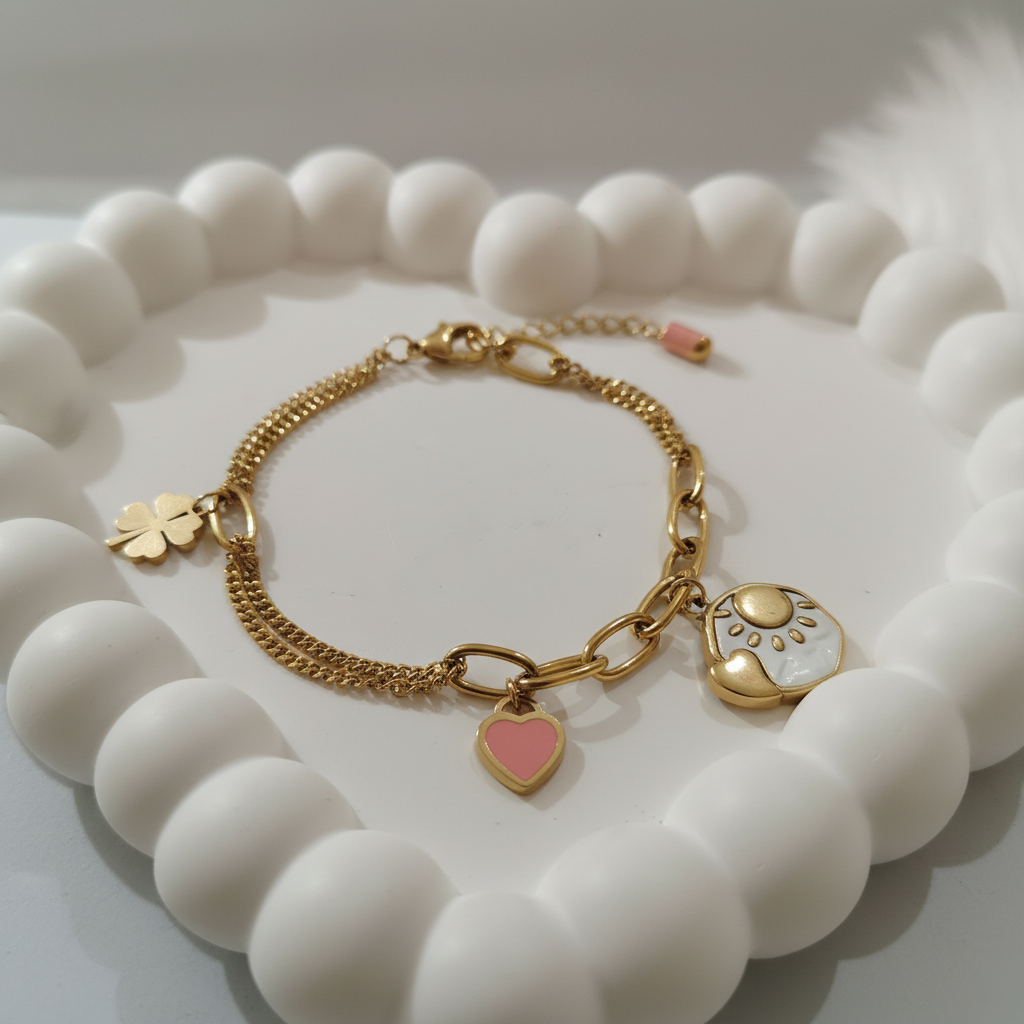 Ekrowl Clover-Sun: 18K Gold Anti-Tarnish Pink Heart Design Bracelet