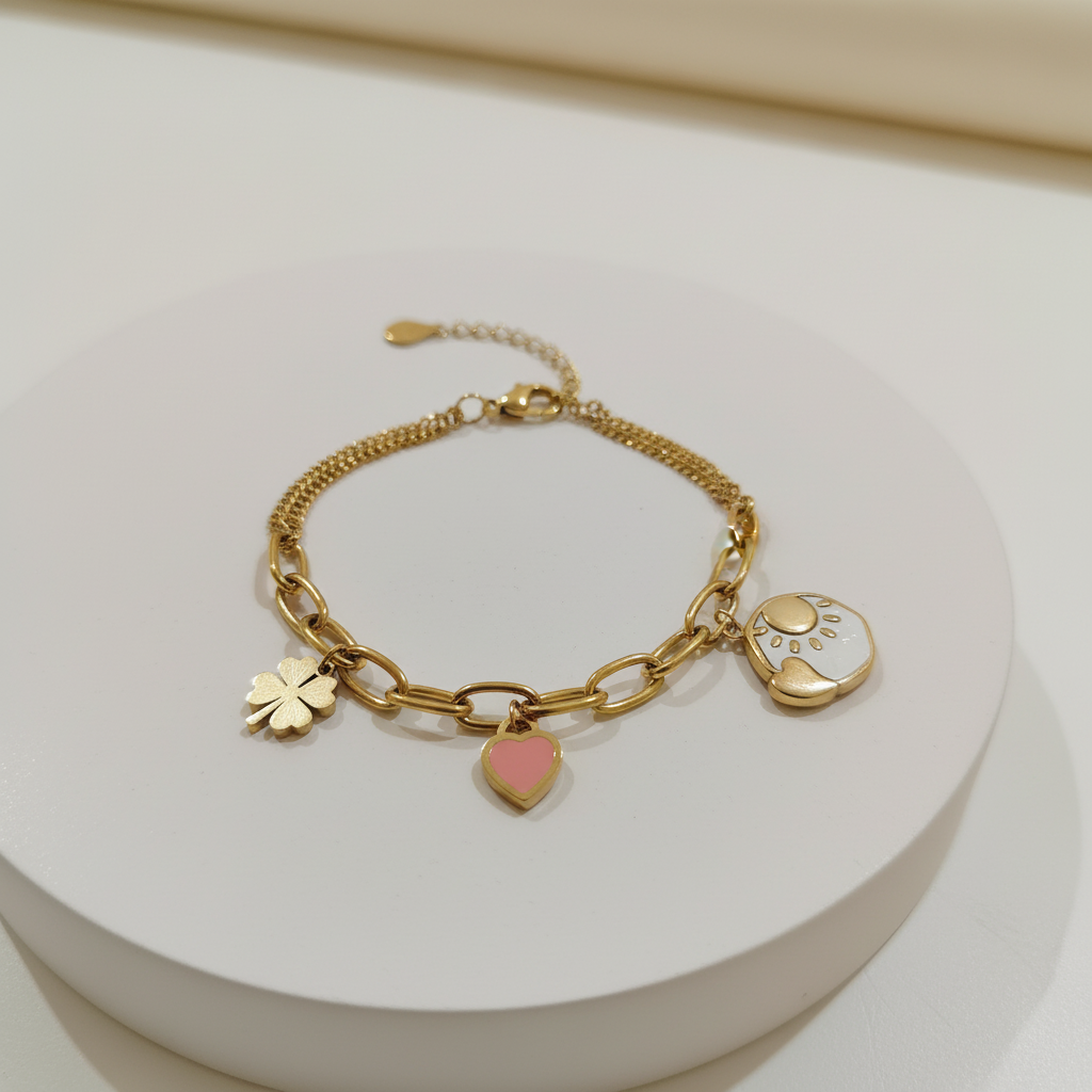 Ekrowl Clover-Sun: 18K Gold Anti-Tarnish Pink Heart Design Bracelet