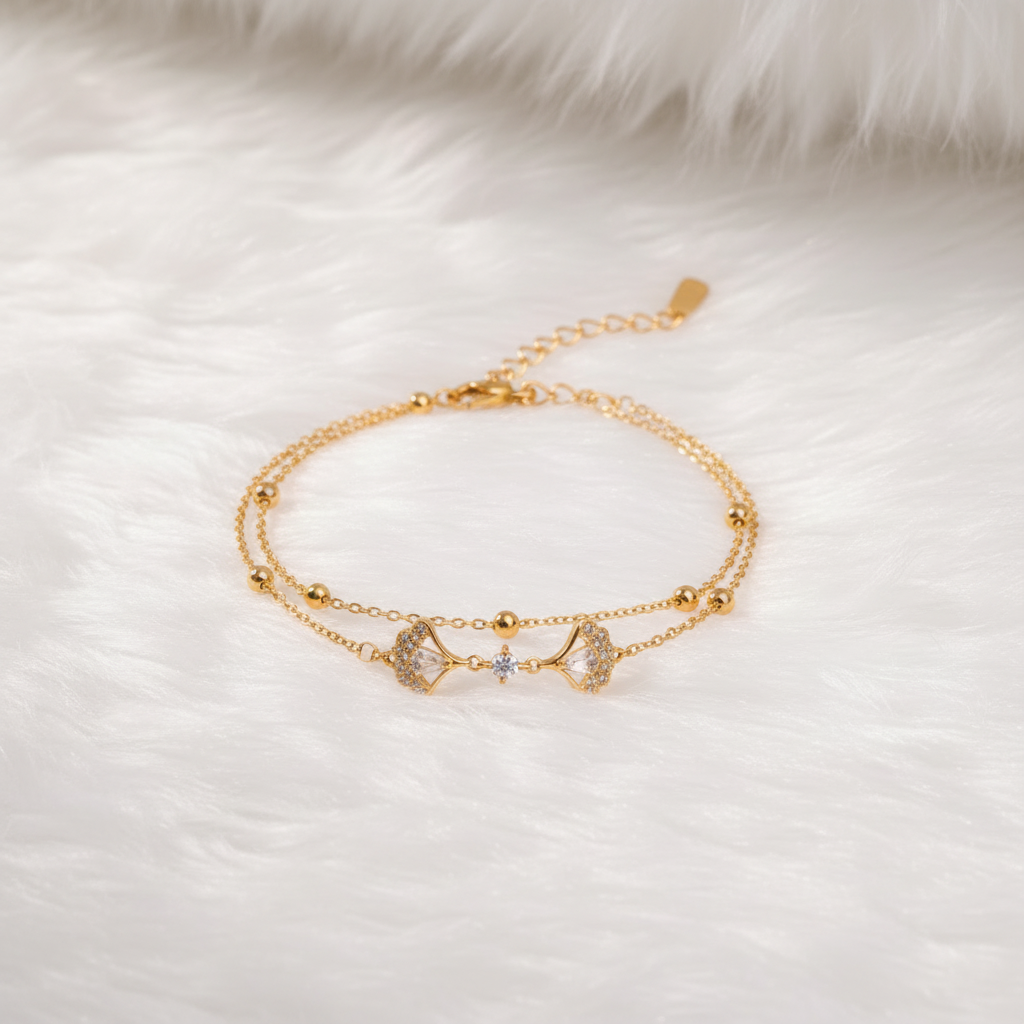 Ekrowl Deco-Fan: 18K Gold-Plated Crystal Fan Double-Layer Bracelet