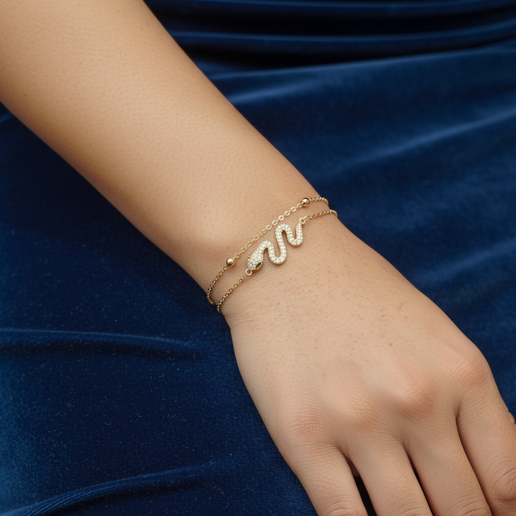 Ekrowl Serpens-Glow: 18K Gold-Plated Pave Crystal Snake Dual Bracelet