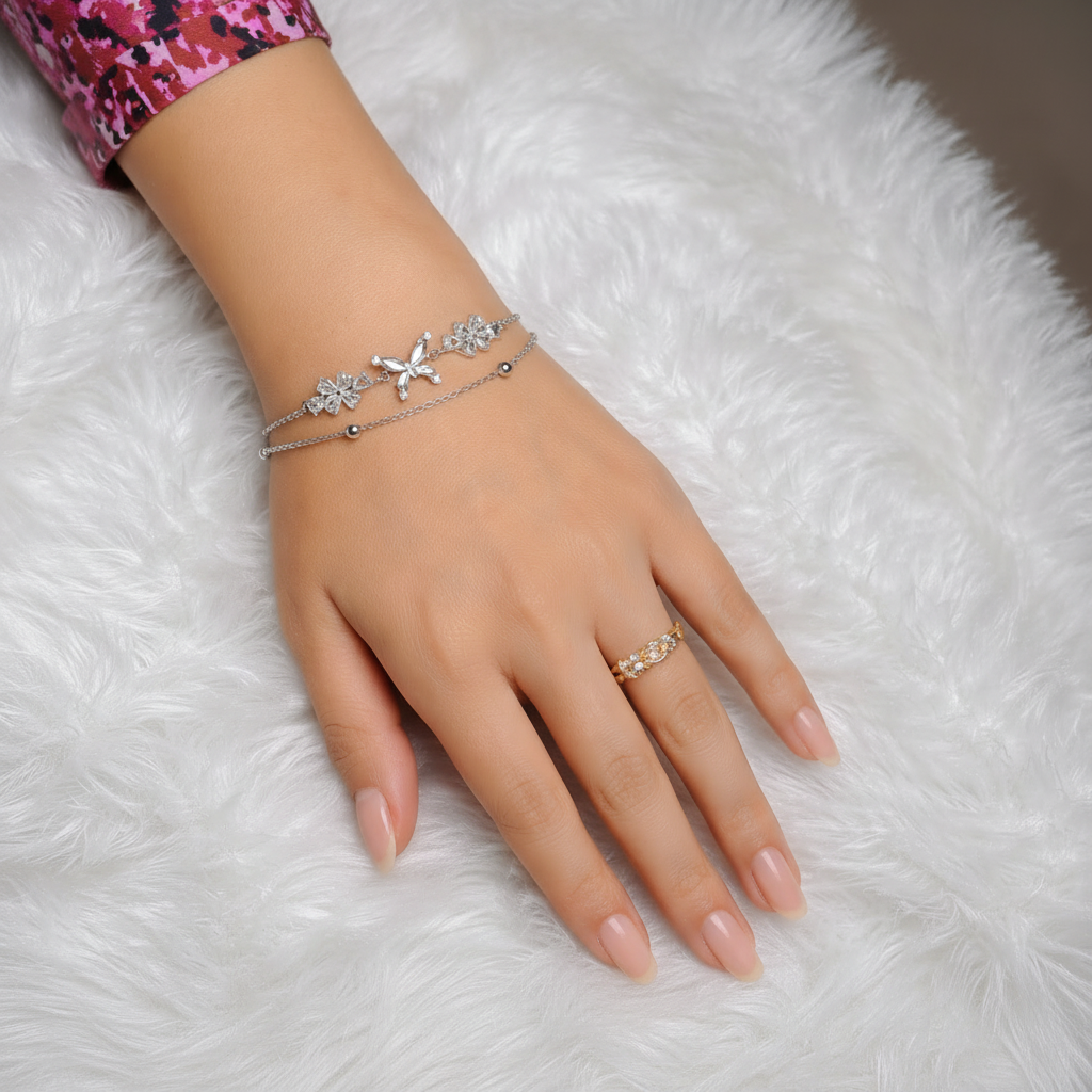 Ekrowl Silver-Papillon: Rhodium-Plated Butterfly & Blossom Dual Bracelet
