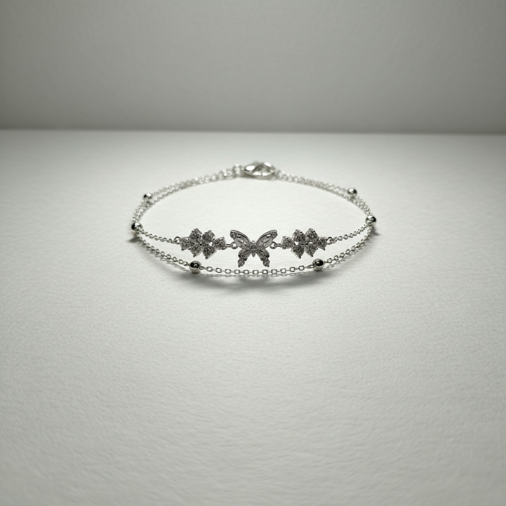 Ekrowl Silver-Papillon: Rhodium-Plated Butterfly & Blossom Dual Bracelet
