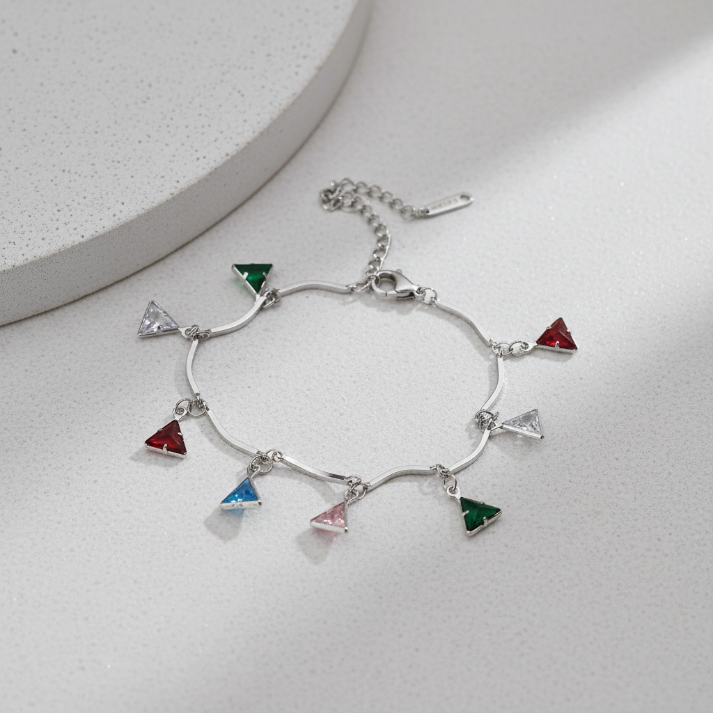 Ekrowl Prism-Triangle: Rhodium-Plated Multicolor Crystal Charm Bracelet