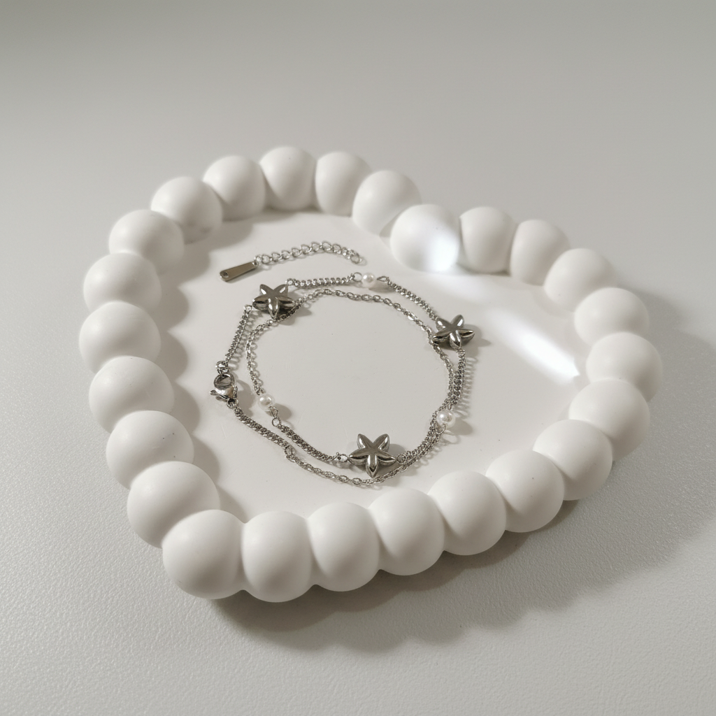 Ekrowl Astral-Silver: Rhodium-Plated Star & Pearl Dual-Strand Bracelet