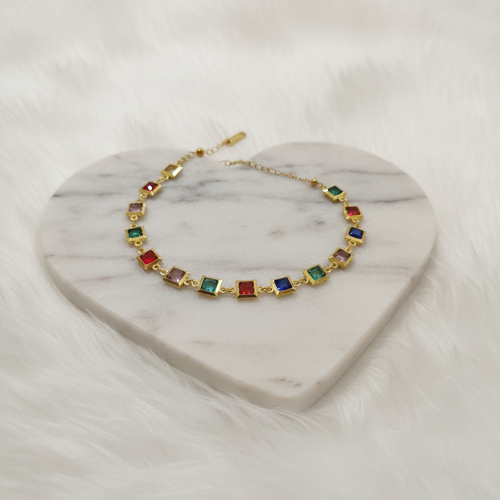 Ekrowl Mosaic-Glow: 18K Gold-Plated Multicolor Square Gemstone Bracelet