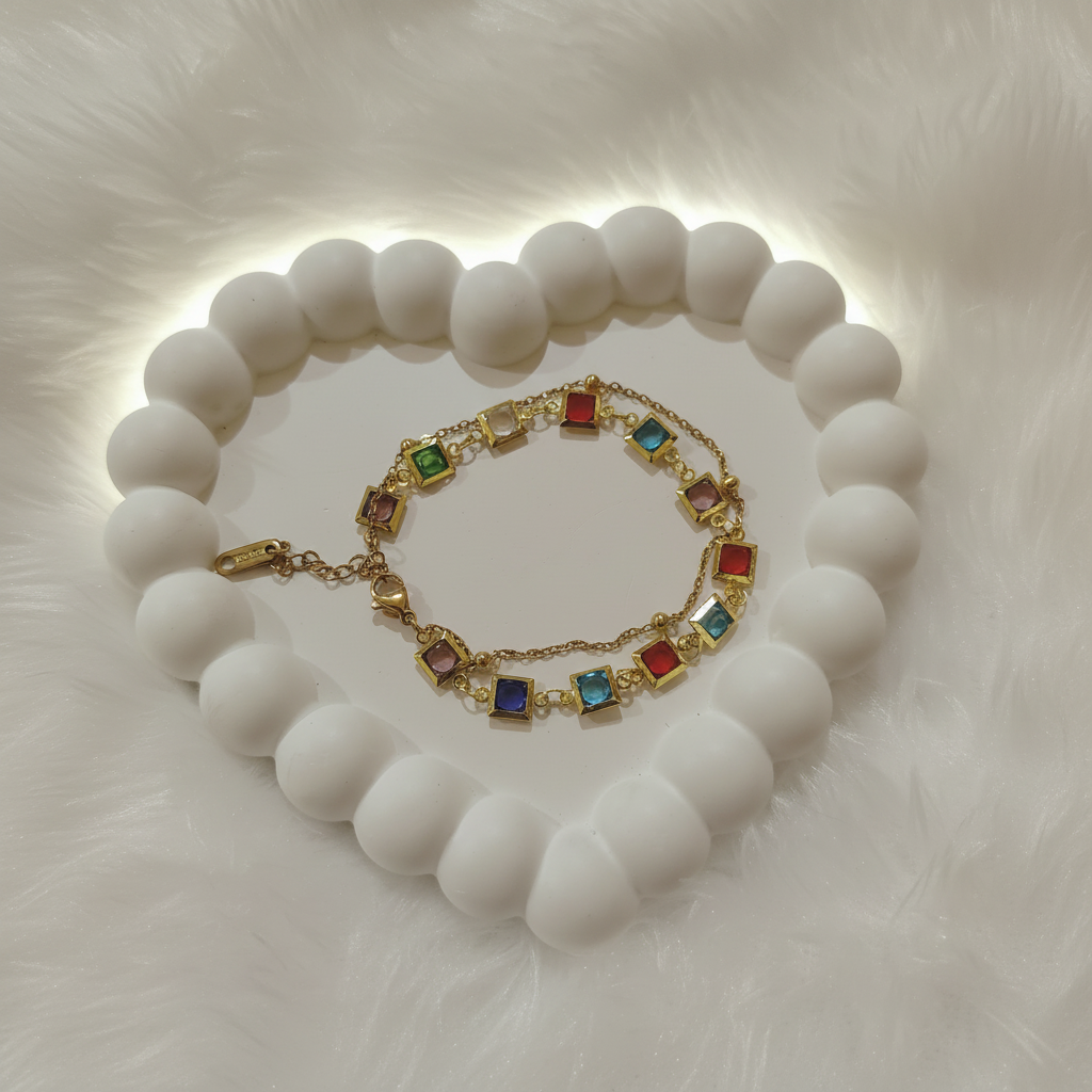 Ekrowl Mosaic-Glow: 18K Gold-Plated Multicolor Square Gemstone Bracelet