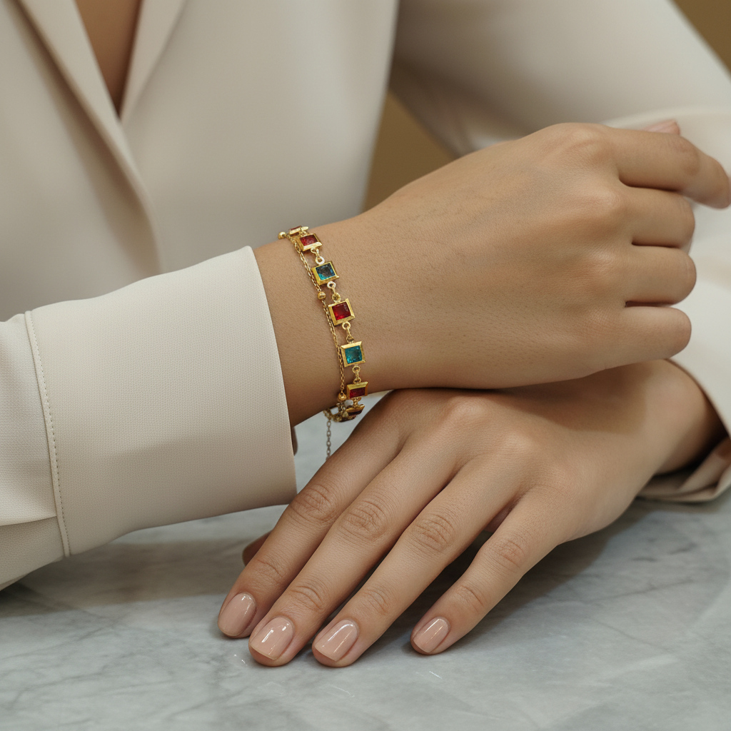 Ekrowl Mosaic-Glow: 18K Gold-Plated Multicolor Square Gemstone Bracelet