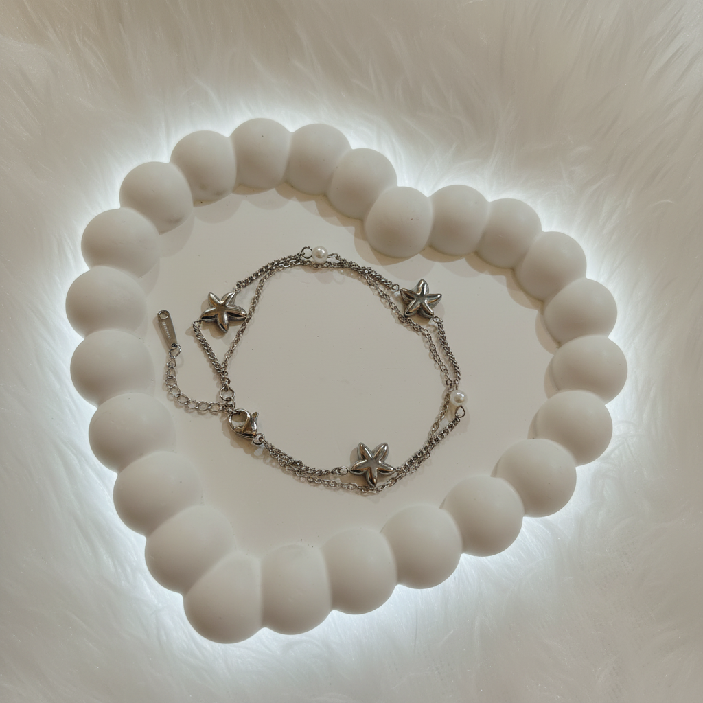 Ekrowl Astral-Silver: Rhodium-Plated Star & Pearl Dual-Strand Bracelet