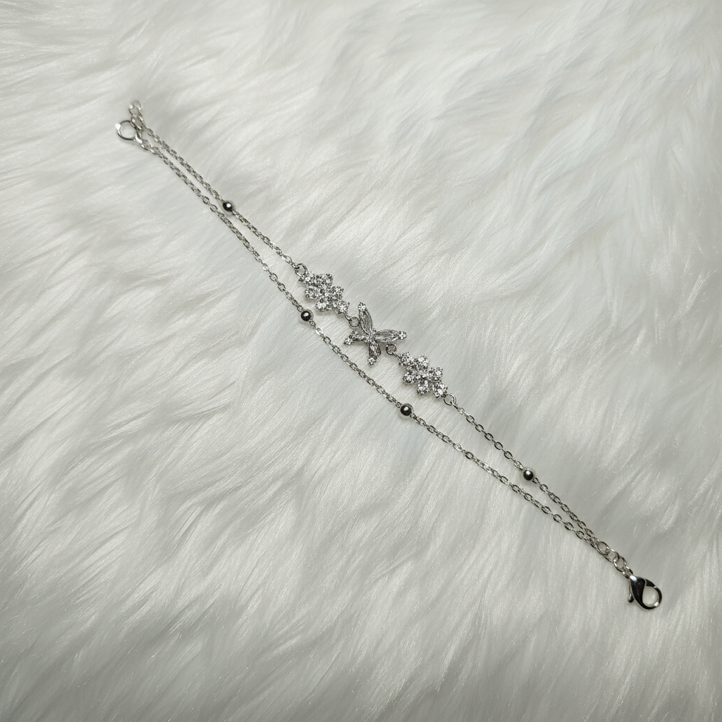 Ekrowl Silver-Papillon: Rhodium-Plated Butterfly & Blossom Dual Bracelet