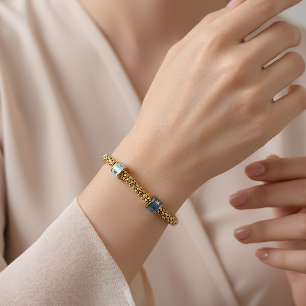 Ekrowl Azure-Star: 18K Gold-Plated Beaded Enamel Slider Bracelet