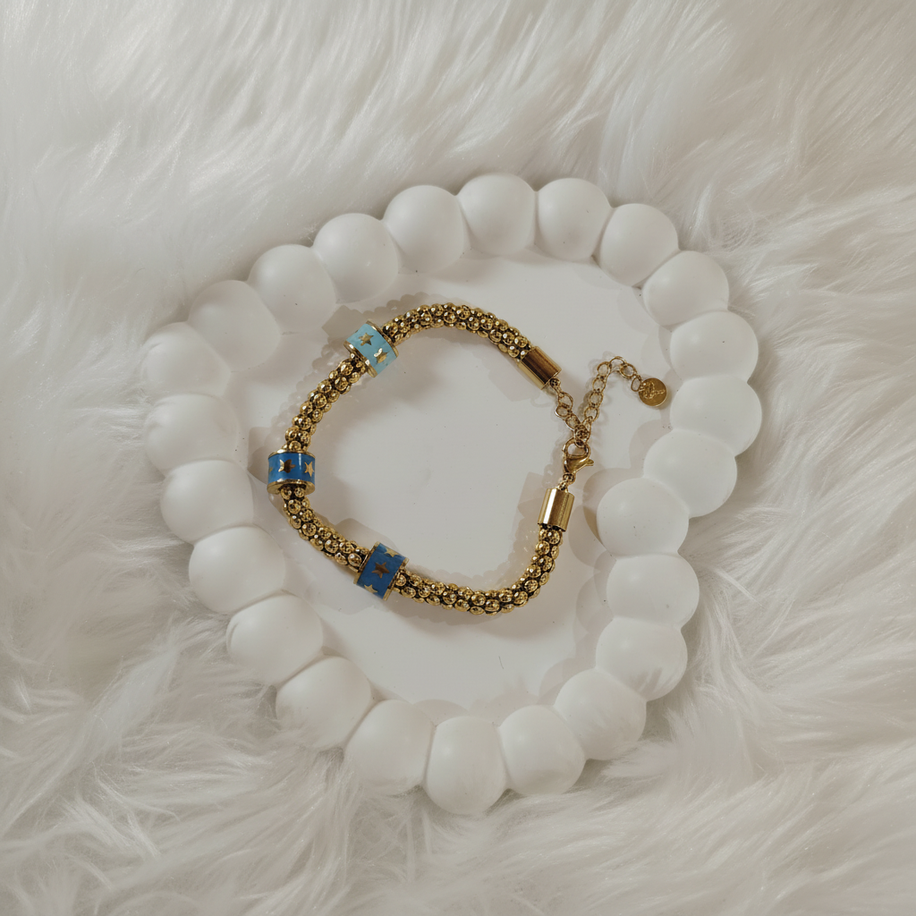 Ekrowl Azure-Star: 18K Gold-Plated Beaded Enamel Slider Bracelet