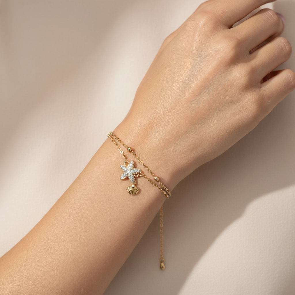 Ekrowl Marina-Shell: 18K Gold-Plated Pave Starfish & Fan-Shell Bracelet