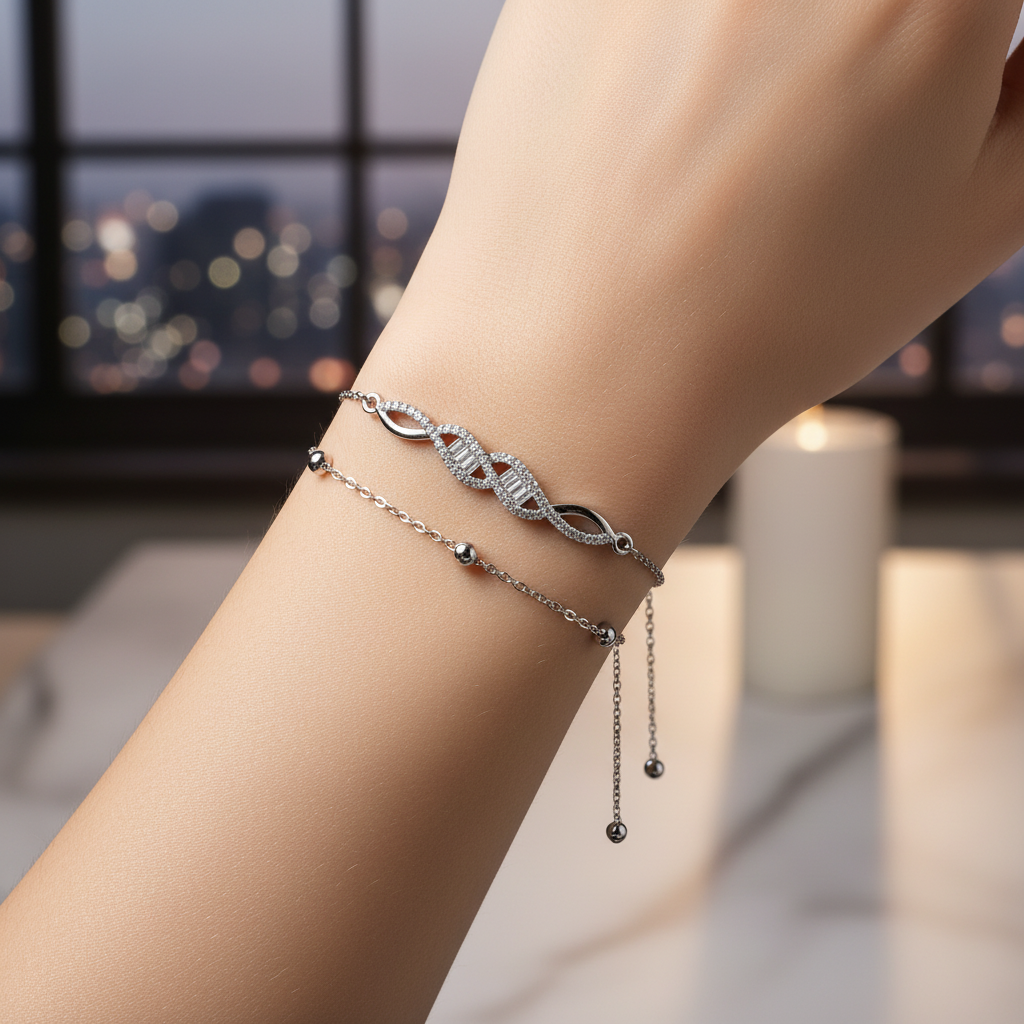 Ekrowl Infinity-Luxe: Rhodium-Plated Pavé & Baguette Dual-Strand Bracelet