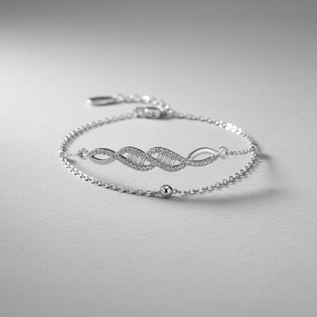 Ekrowl Infinity-Luxe: Rhodium-Plated Pavé & Baguette Dual-Strand Bracelet