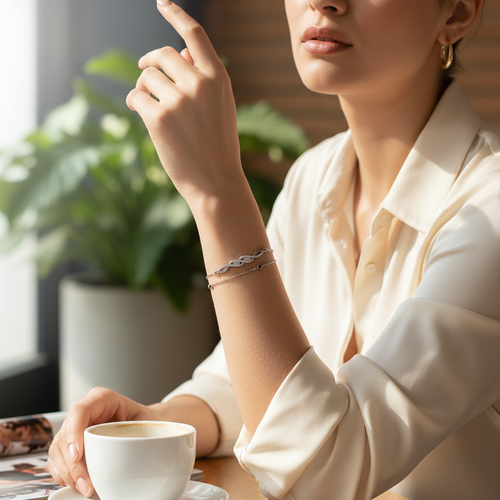 Ekrowl Infinity-Luxe: Rhodium-Plated Pavé & Baguette Dual-Strand Bracelet