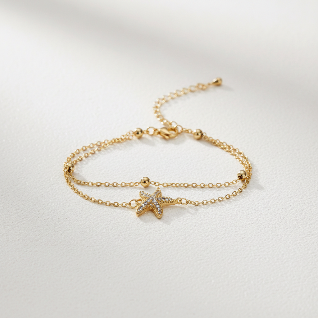 Ekrowl Marina-Star: 18K Gold-Plated Pave Starfish Double-Layer Bracelet