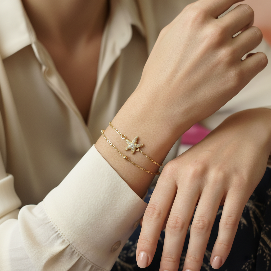 Ekrowl Marina-Star: 18K Gold-Plated Pave Starfish Double-Layer Bracelet