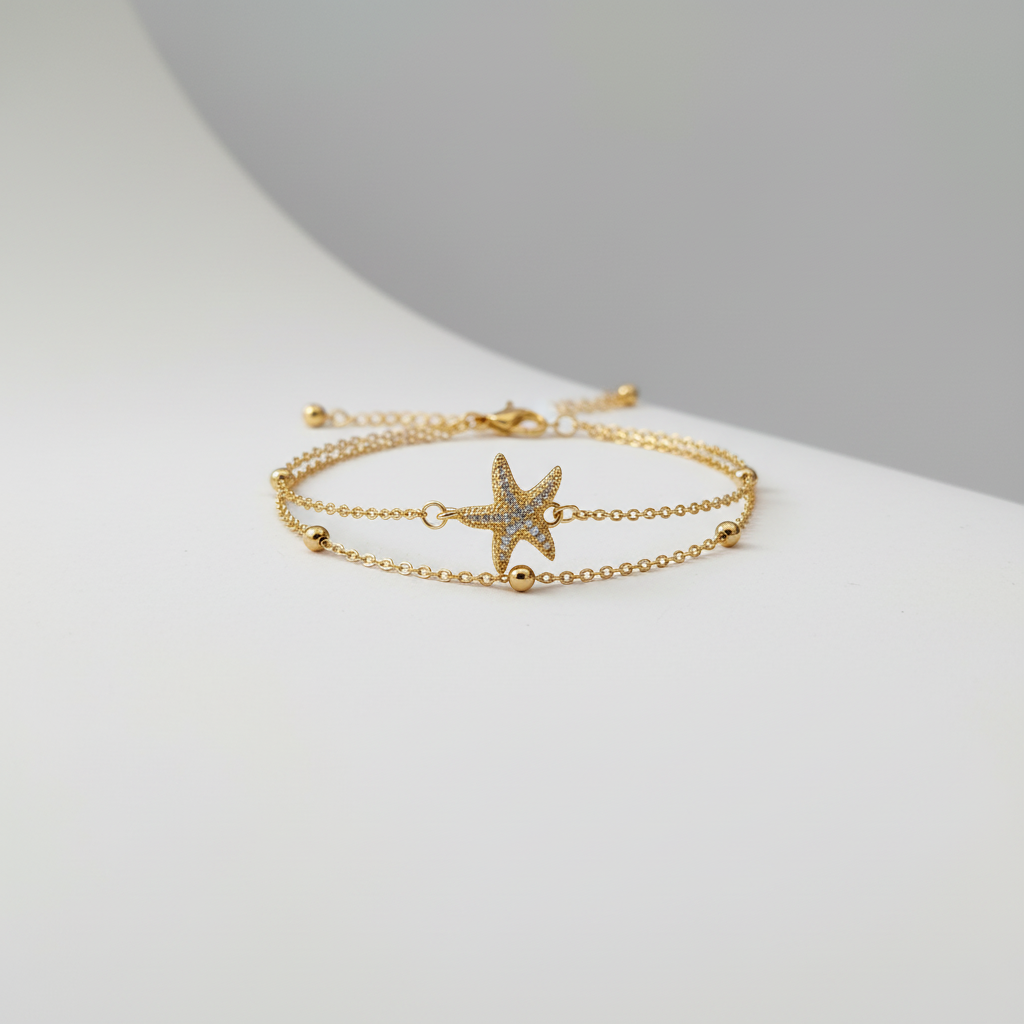 Ekrowl Marina-Star: 18K Gold-Plated Pave Starfish Double-Layer Bracelet