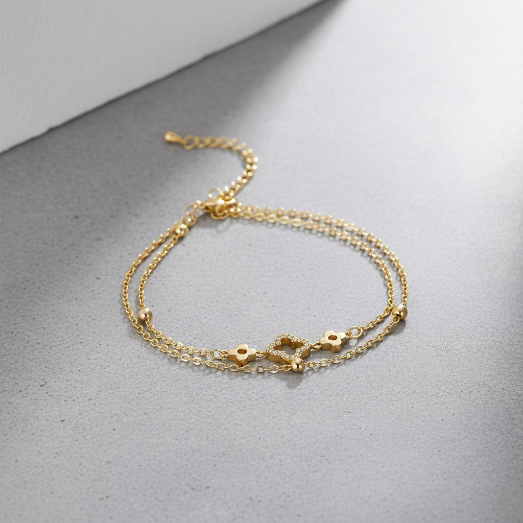 Ekrowl Alhambra-Duo: 18K Gold-Plated Pave Clover Double-Layer Bracelet