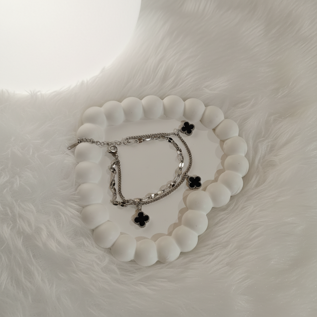 Ekrowl Onyx-Alhambra: Rhodium-Plated Black Clover Dual-Chain Bracelet