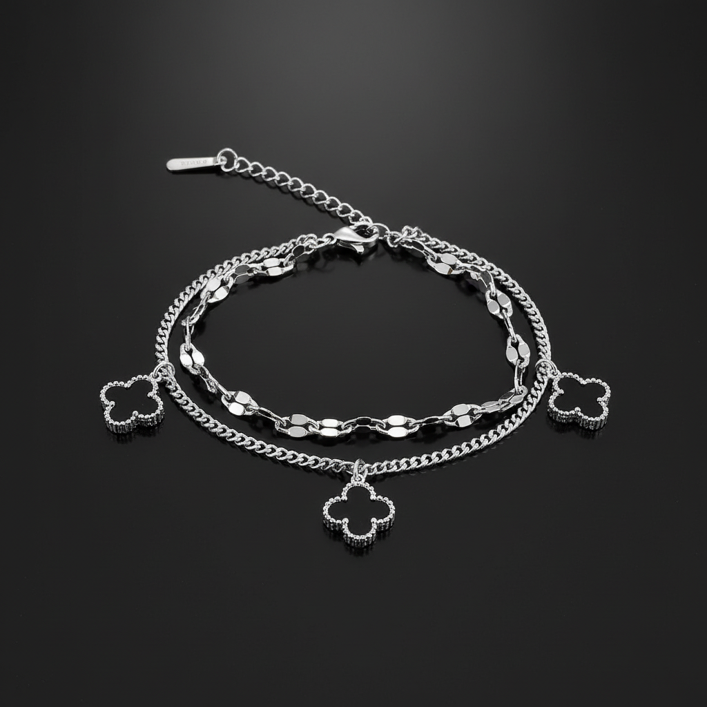 Ekrowl Onyx-Alhambra: Rhodium-Plated Black Clover Dual-Chain Bracelet