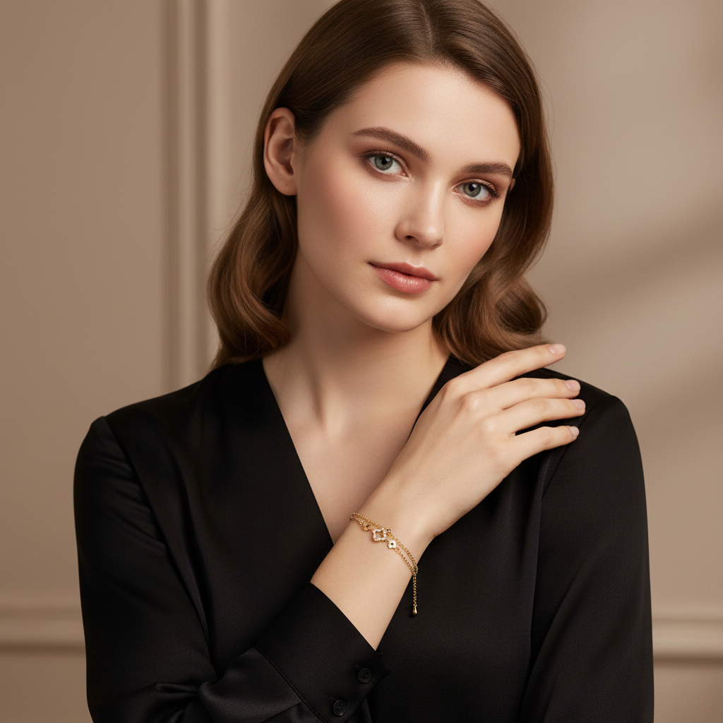 Ekrowl Alhambra-Duo: 18K Gold-Plated Pave Clover Double-Layer Bracelet
