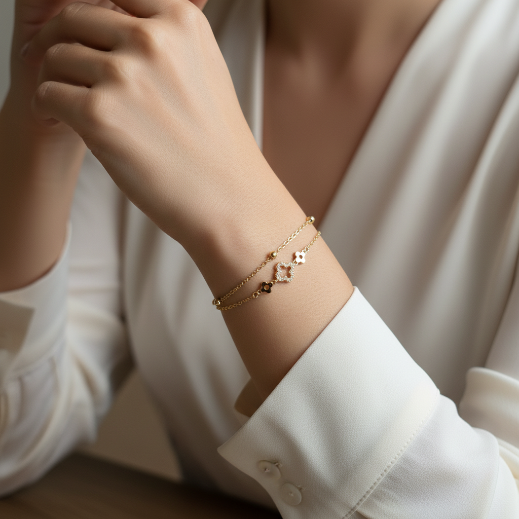 Ekrowl Alhambra-Duo: 18K Gold-Plated Pave Clover Double-Layer Bracelet