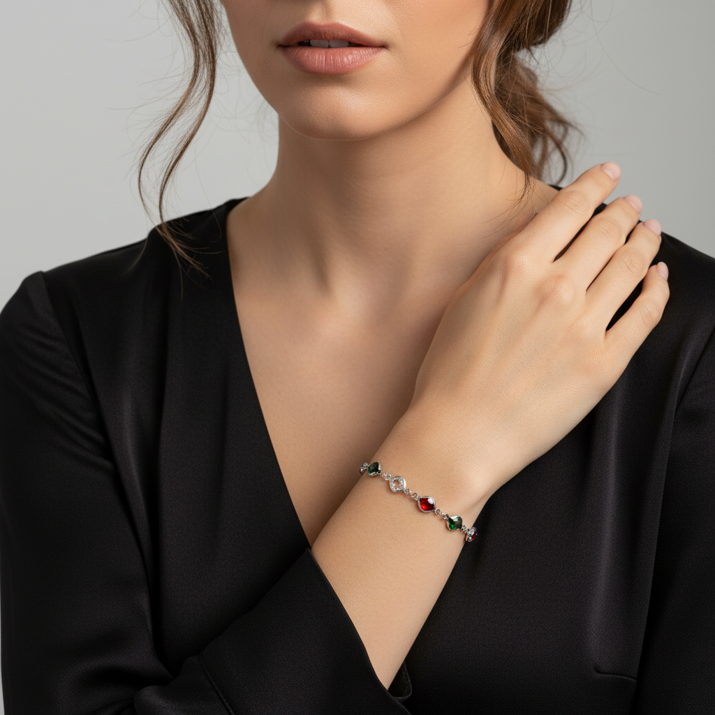 Ekrowl Spectrum-Glow: Rhodium-Plated Multicolor Gemstone Station Bracelet