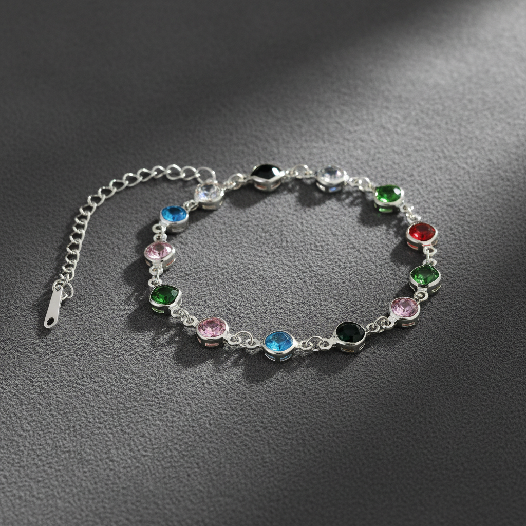 Ekrowl Spectrum-Glow: Rhodium-Plated Multicolor Gemstone Station Bracelet