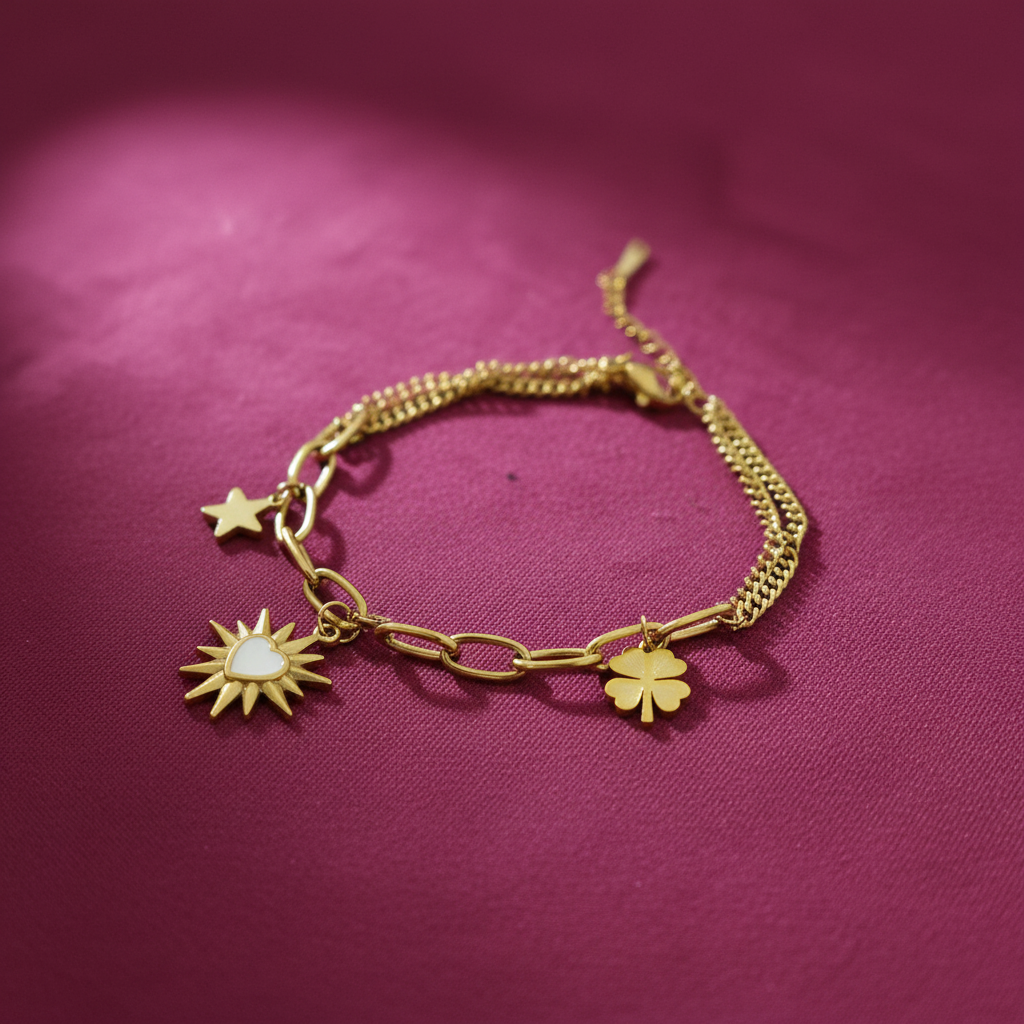 Ekrowl Rosa-Glow: 18K Gold-Plated Crystal Rose Double-Layer Bracelet