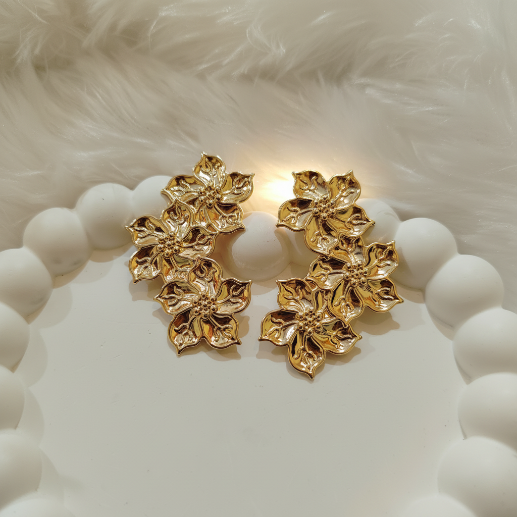Golden Jasmine Blossom Triple Bouquet Studs