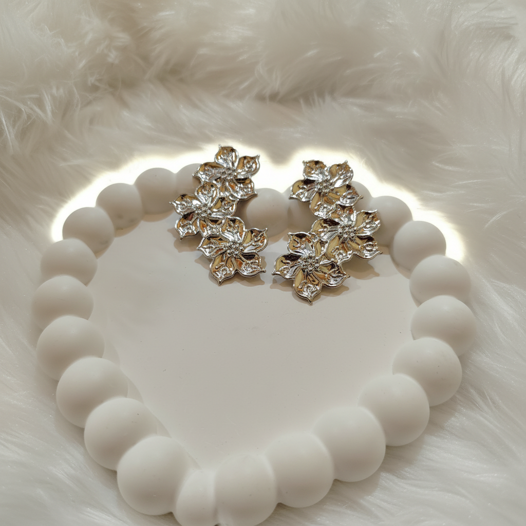 Silver Jasmine Blossom Triple Bouquet Studs