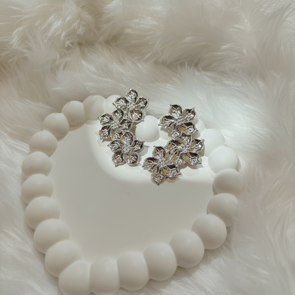 Silver Jasmine Blossom Triple Bouquet Studs
