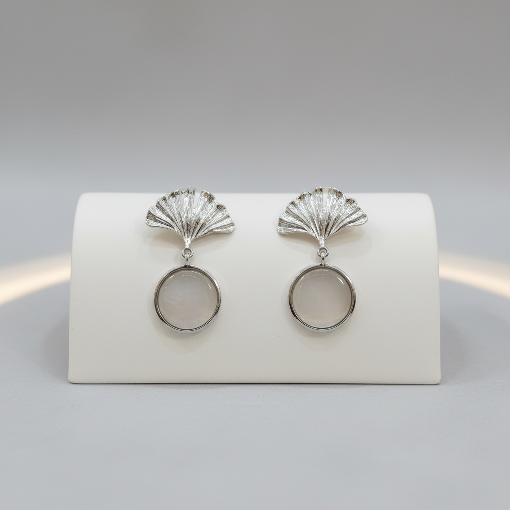 Silver Ginkgo Leaf & Moonlight Drop Earrings