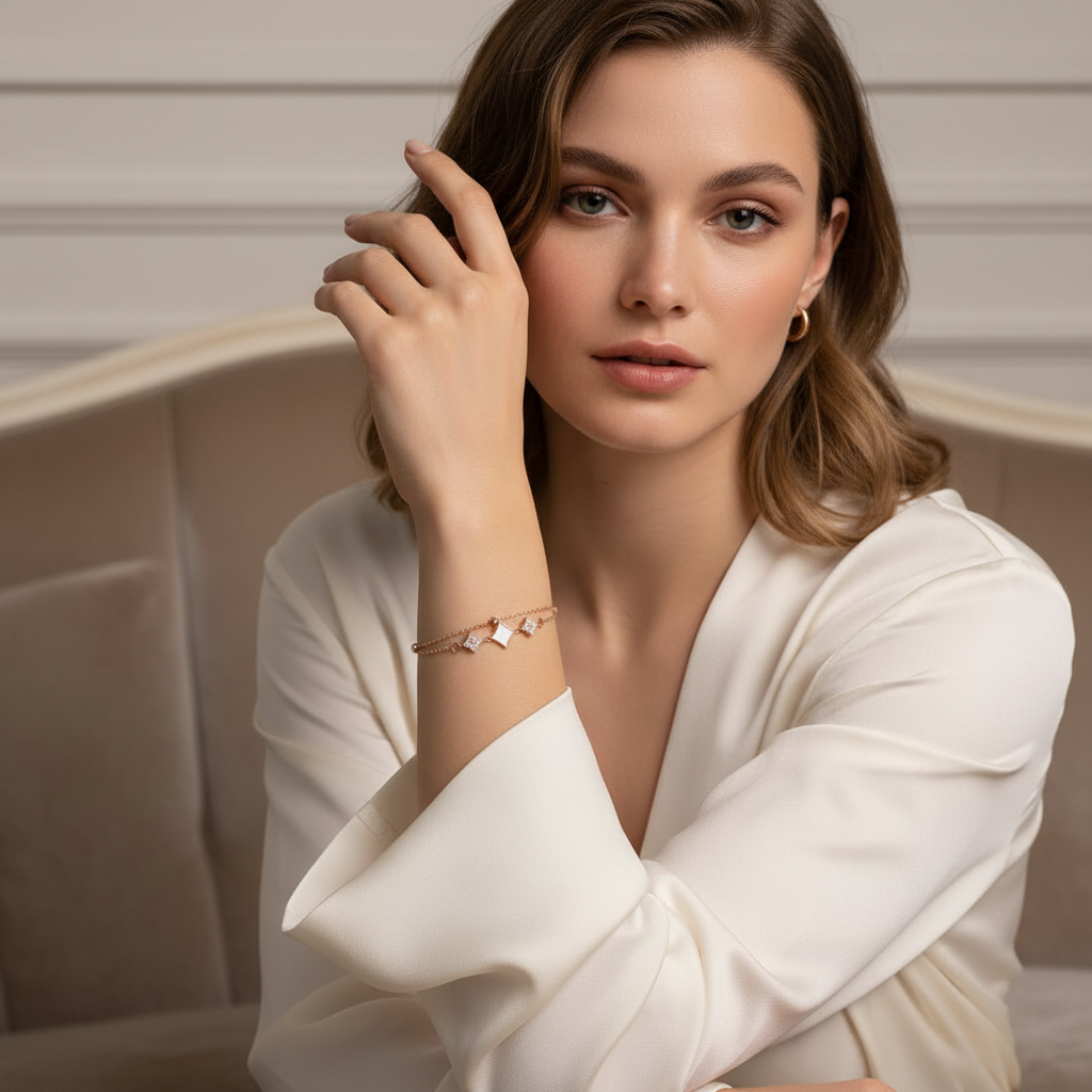 Ekrowl Prism-Duo: 18K Gold-Plated Geometric Diamond Dual-Strand Bracelet