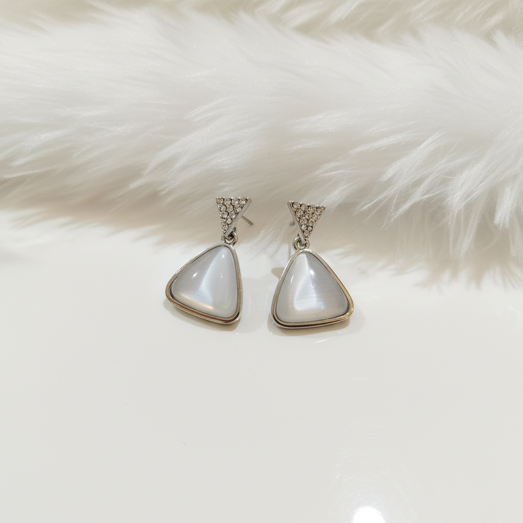 Silver Crystal Triangle & Cat’s Eye Drop Earrings