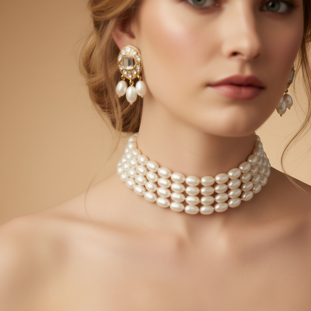 Majestic 4-Layer Pearl Choker Set | Traditional Kundan & Pearl Jewellery