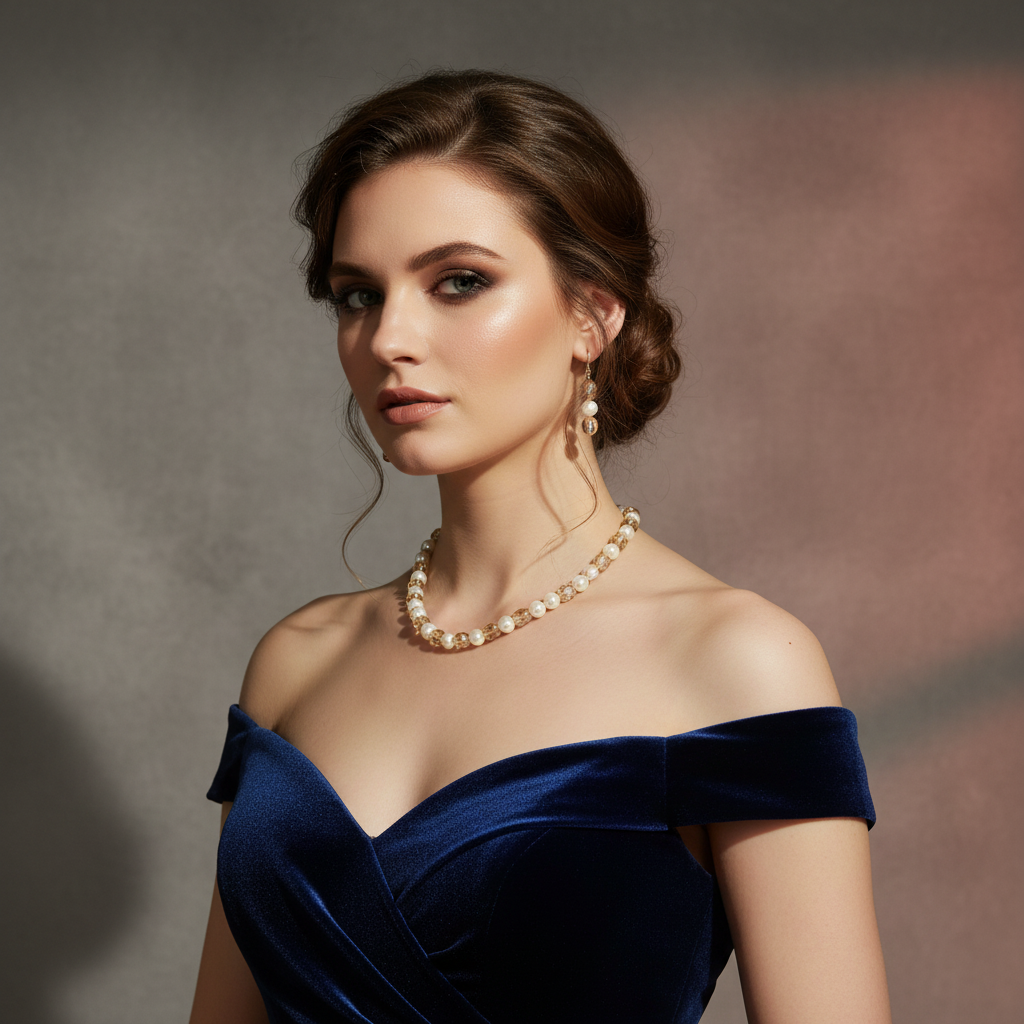 Ethereal White Pearl & Crystal Champagne Necklace Set | Premium Pearl Jewellery