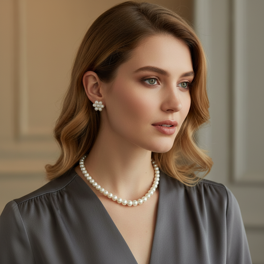 Luminous White Pearl Necklace and Stud Earring Set | Real Pearl Jewellery