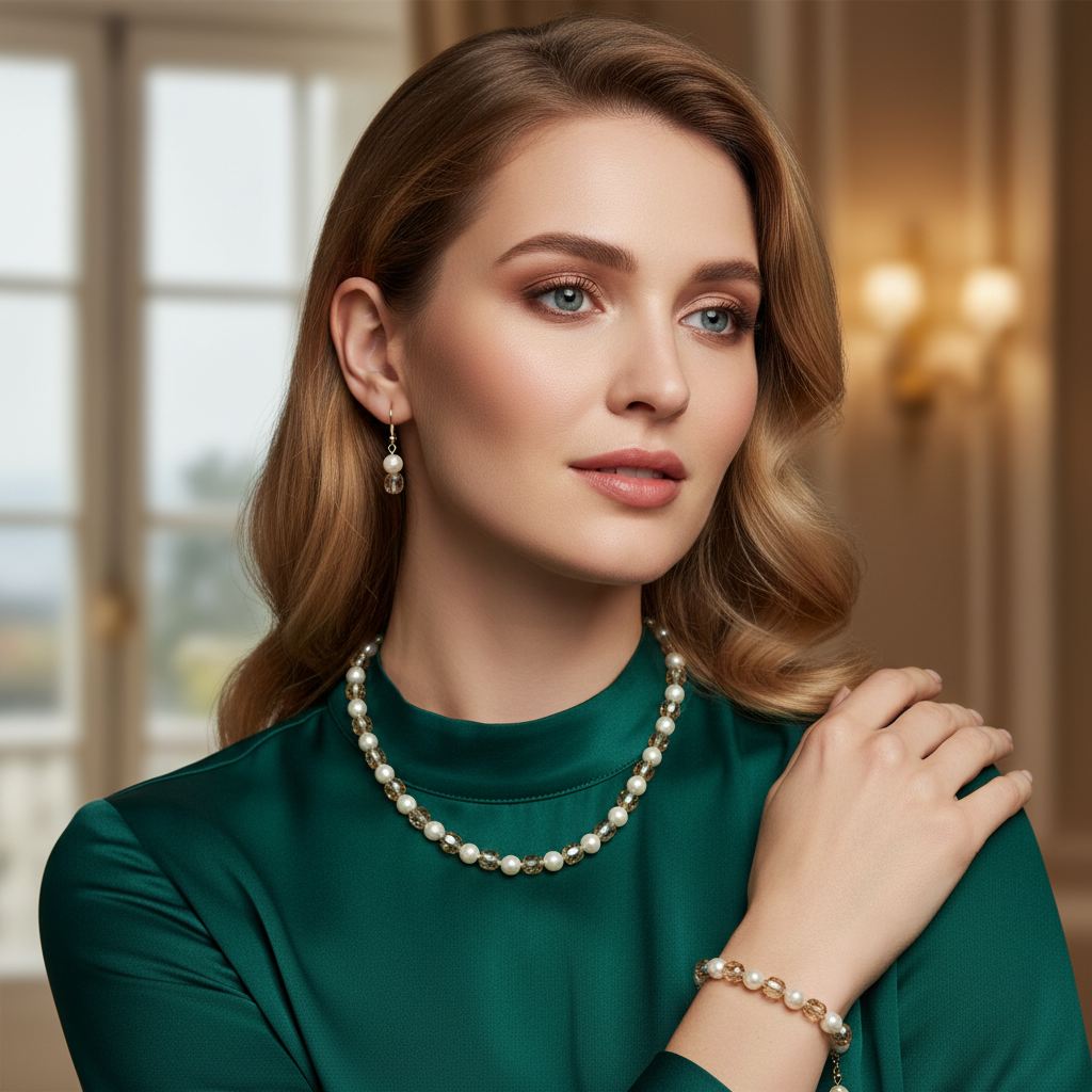 Ethereal White Pearl & Crystal Champagne Necklace Set | Premium Pearl Jewellery
